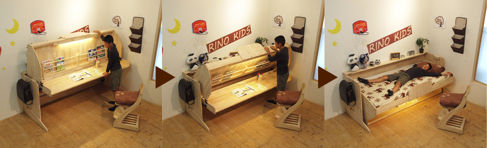 六畳に二人分の机とベッド - 【リノキッズ】二段ベッド・ロフトベッドを超えたベッド一体型学習机