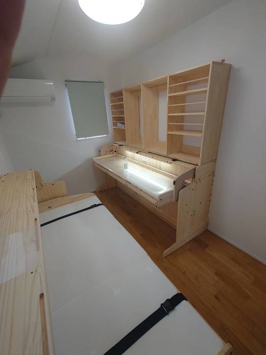 ベッド付き学習机 子供用ロフトベッド デスク付き 収納棚付き システムデスク